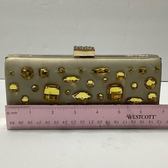 Kate Landry Gold Jeweled Clutch Satin Gold RN 58909 Two Chain Handles - Picture 11 of 14